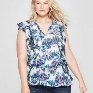 Ava & Viv Purple, Green & Blue Floral Peplum Blouse in Size 2X